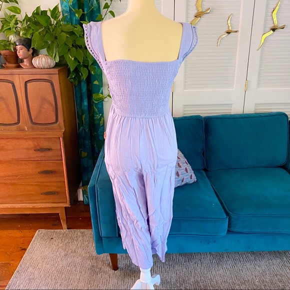 Entro | Layla Solid Smocked Cropped Jumpsuit Crochet Lilac Linen Purple Large - Picture 10 of 13